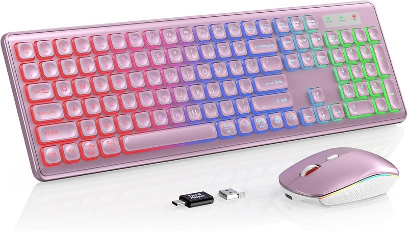Trueque Wireless Keyboard and Mouse Combo, RGB Backlit, Rechargeable & Light Up Letters, Full-Size, Soft Typing, Sleep Mode, 2.4GHz Quiet Keyboard Set for Mac, Windows, Laptop, PC, (Rose Pink) - Image 1